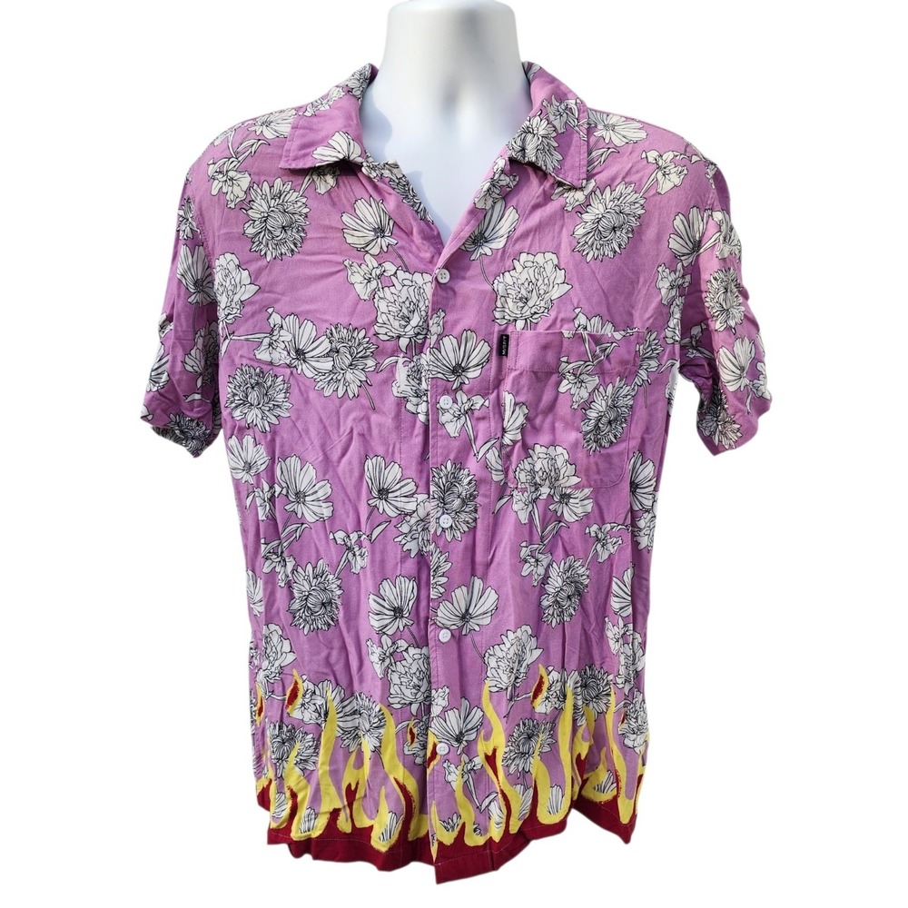 Misfit Mad Minds Floral Flame Button Front Shirt Mens Medium Pink Camp